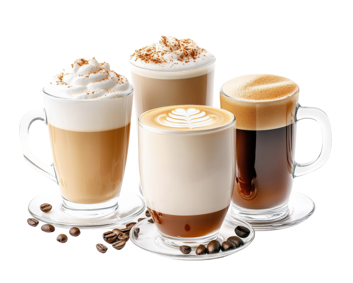 Four different types of coffee drinks are shown png