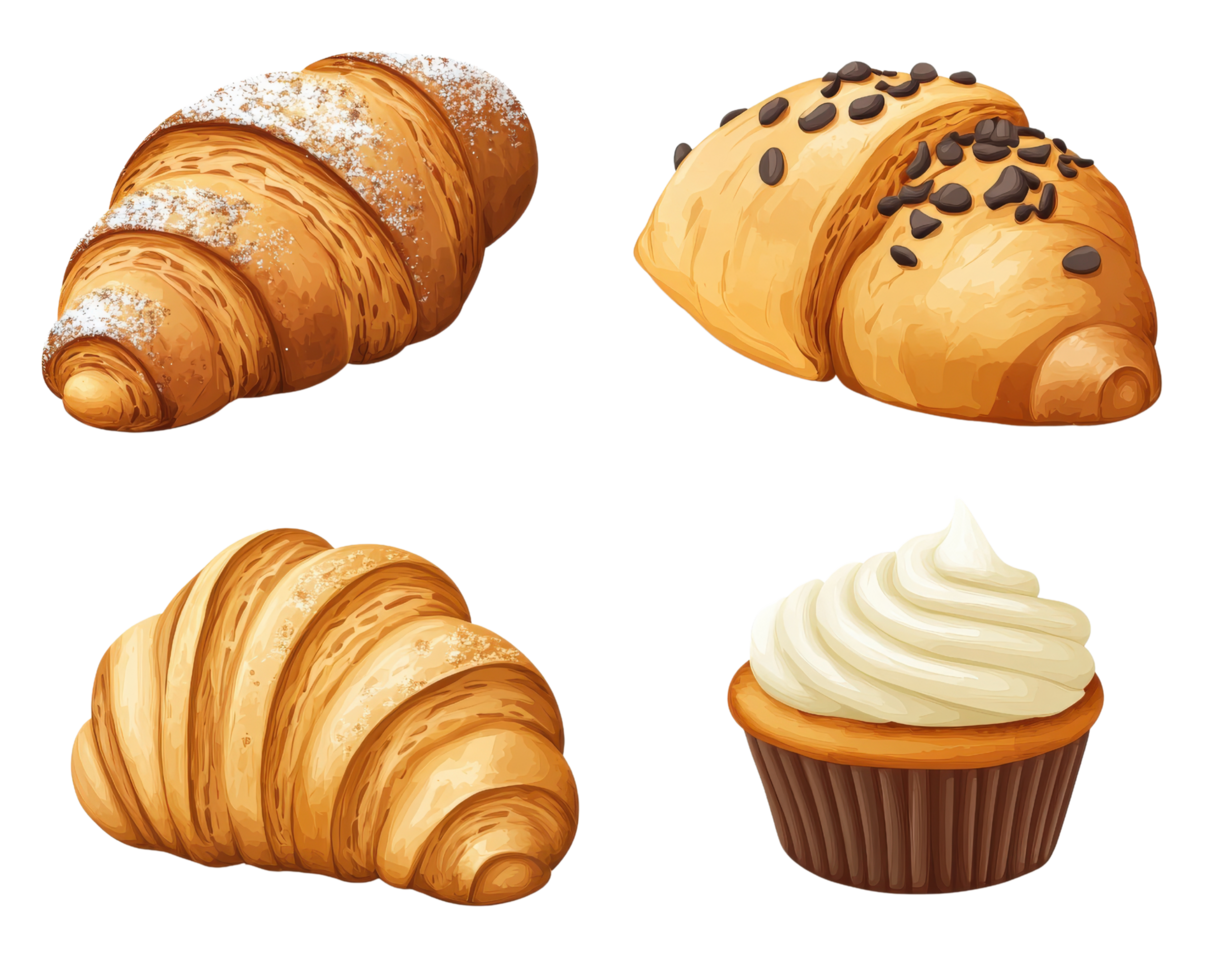 Four different types of croissants and cupcakes png