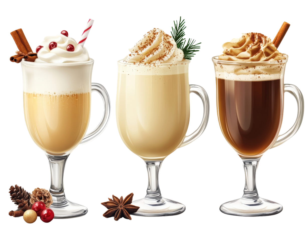 Three different types of coffee drinks in glasses png