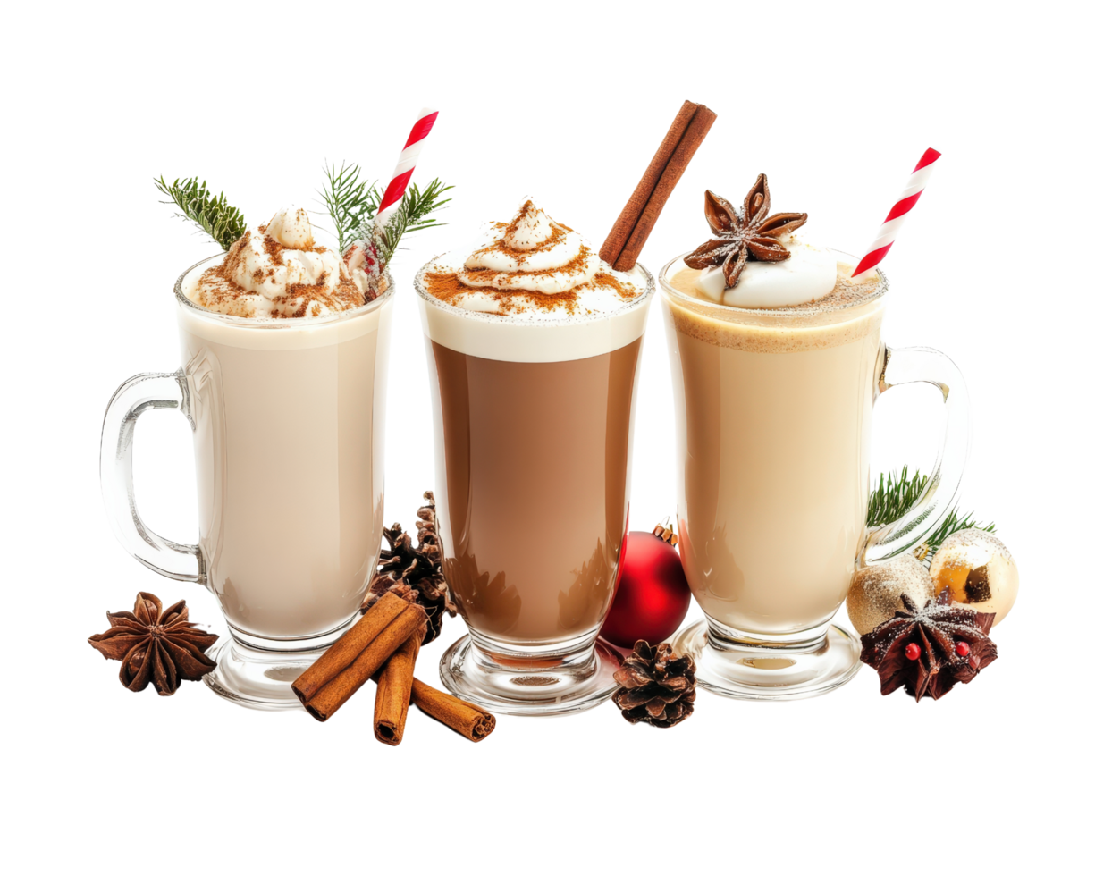Three different types of hot drinks with cinnamon and other spices png