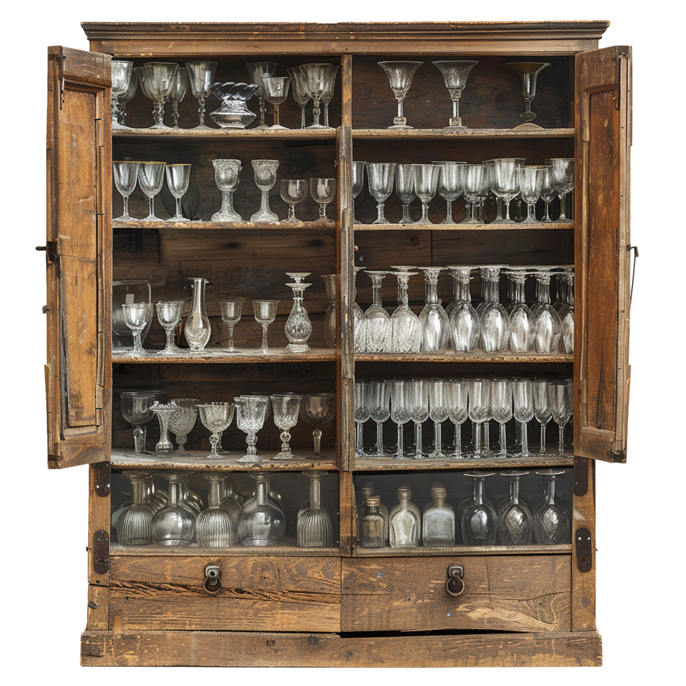 Antique Wooden Cabinet Filled with an Array of Vintage Glassware and Bottles png
