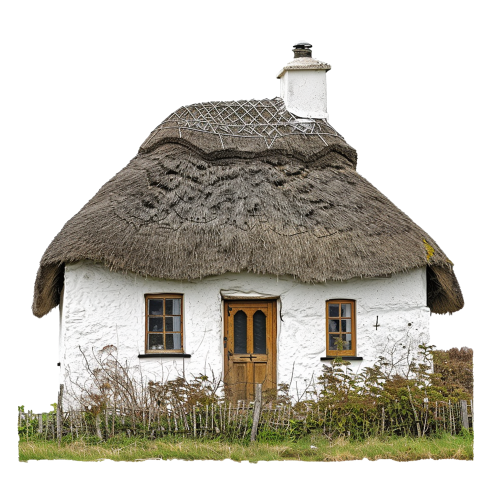 Charming ThatchedRoof Cottage in Rural Setting with Whitewashed Walls png