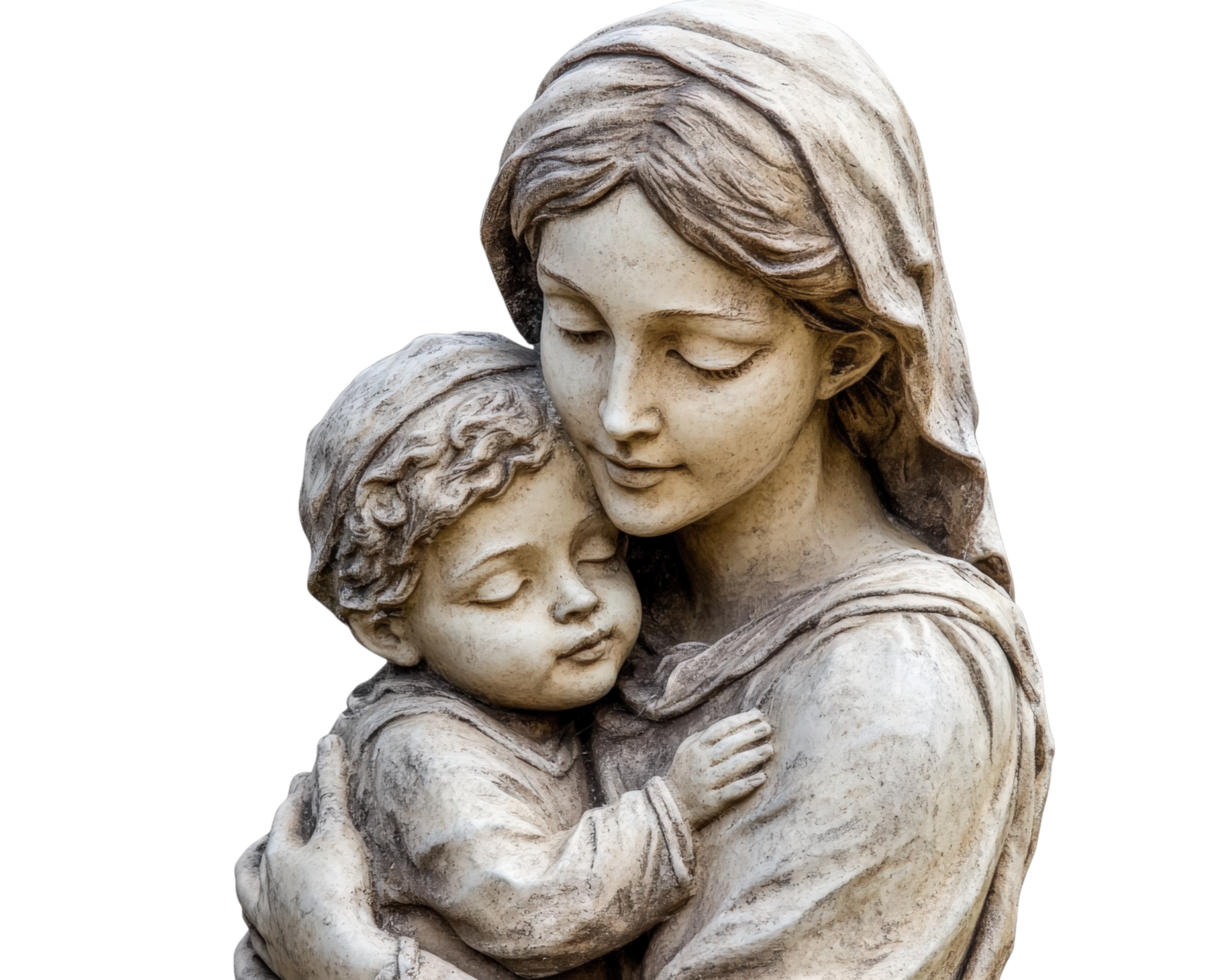 statue of mother holding child, showcasing love and tenderness. intricate details highlight emotional bond between them, making it beautiful representation of family png