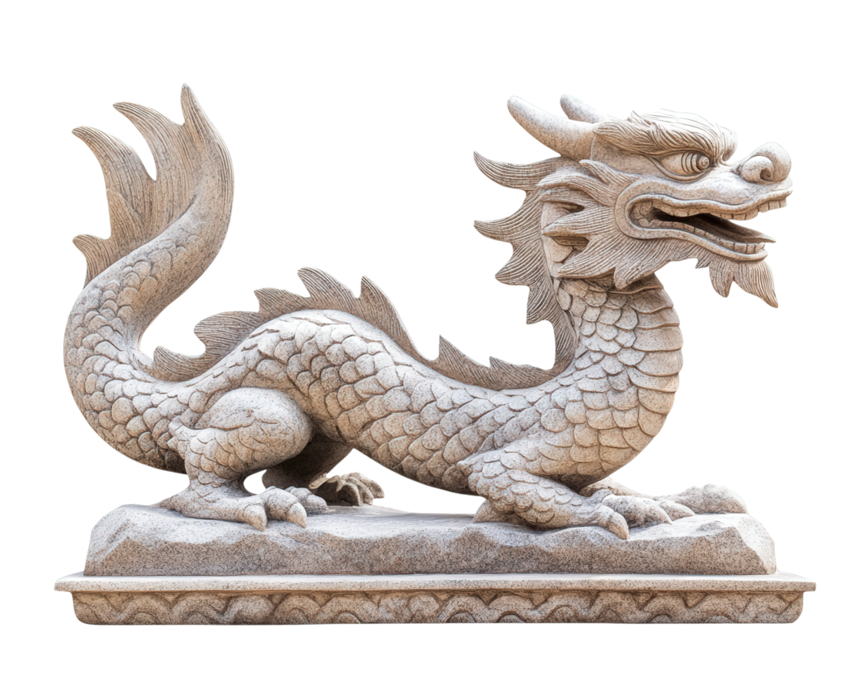 detailed stone dragon statue with intricate scales and fierce expression, showcasing craftsmanship and artistry. Perfect for decor or cultural representation png
