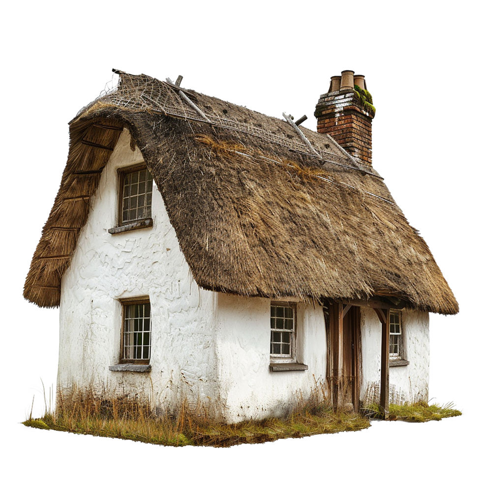 Charming rustic thatched cottage with whitewashed walls and brick chimney png