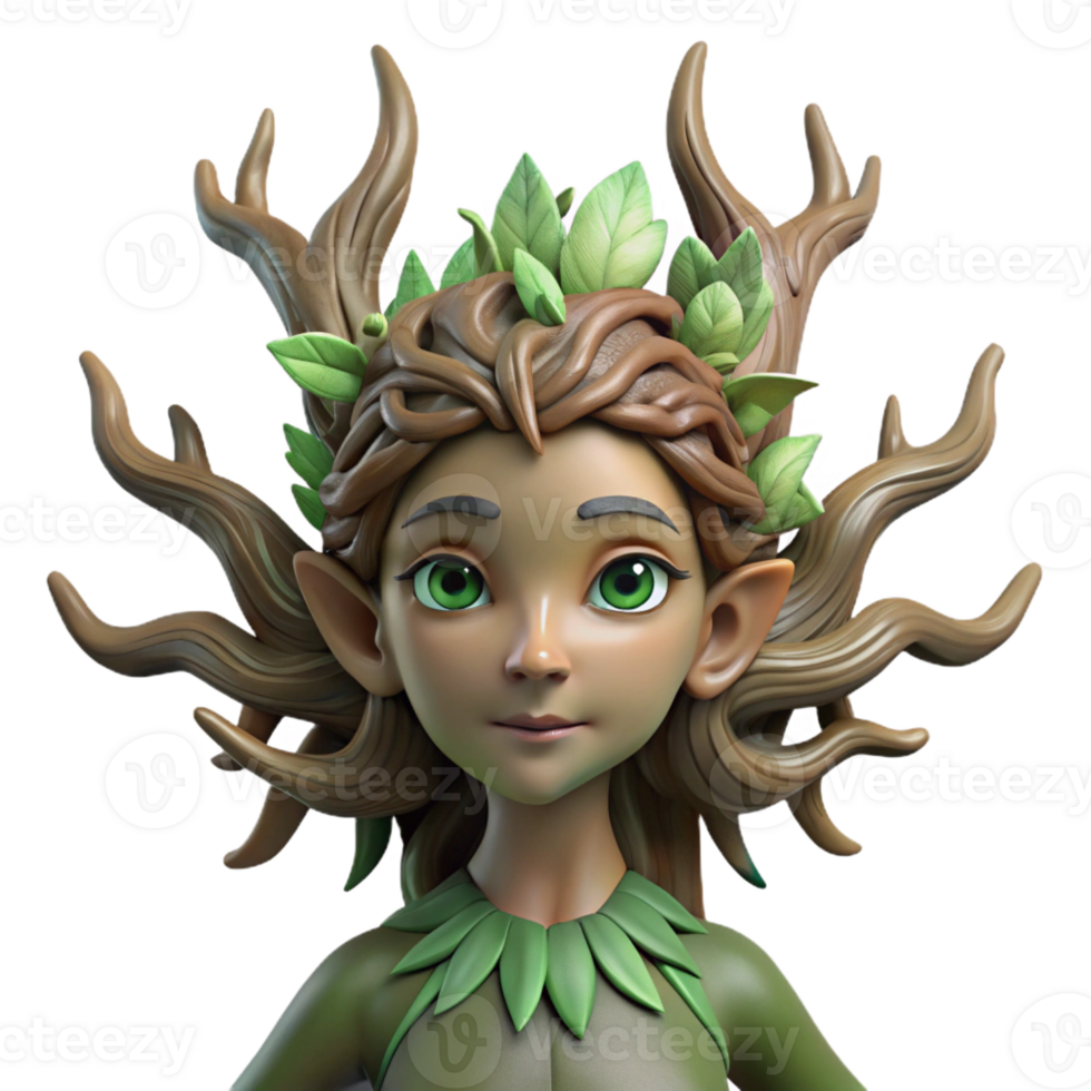 dramatic creative A graceful dryad with bark-like skin and leafy hair, emerging from a ancient tree. Soft, dappled lighting. Natural, ethereal style original png