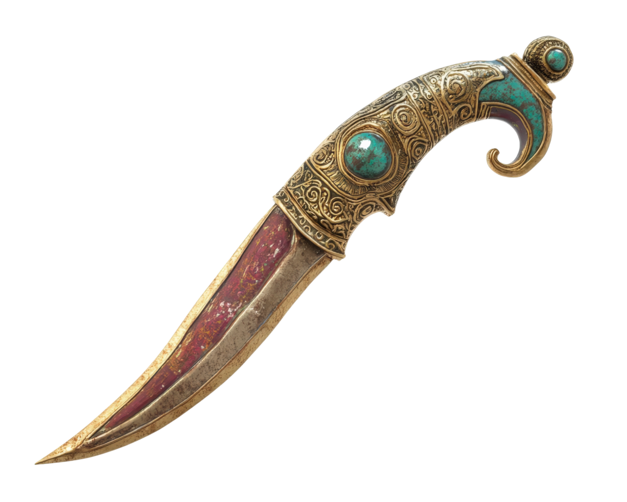 Ancient ceremonial dagger with intricate designs and colorful gemstones, showcasing craftsmanship and historical significance. Perfect for collectors and enthusiasts png