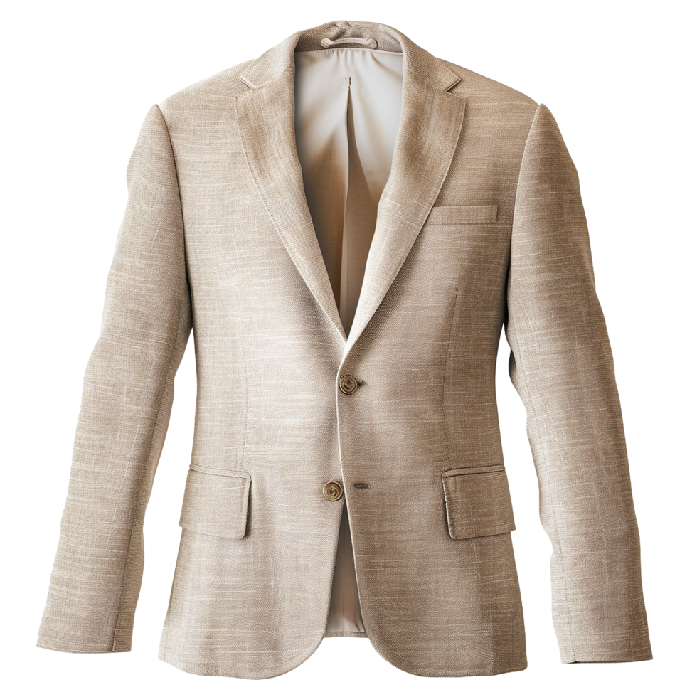 A Beige Mens Two Button Blazer Jacket with Patch Pockets and Textured Fabric png