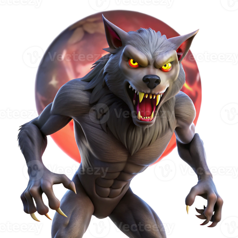 dramatic creative A fierce werewolf with glowing red eyes and sharp claws, howling at the full moon. Dramatic, moonlight lighting. Horror, monstrous style 4K png