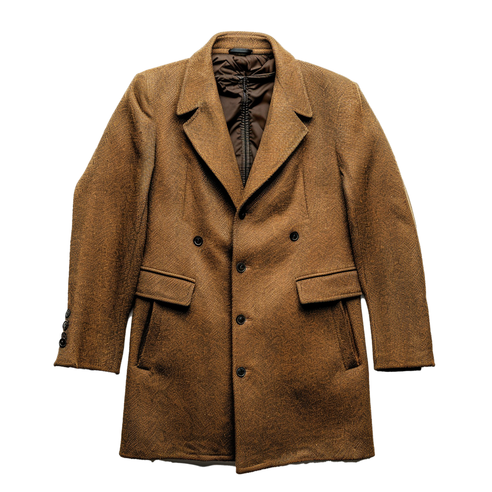 Men's Brown Herringbone Wool Blend Double Breasted Overcoat Long Jacket png