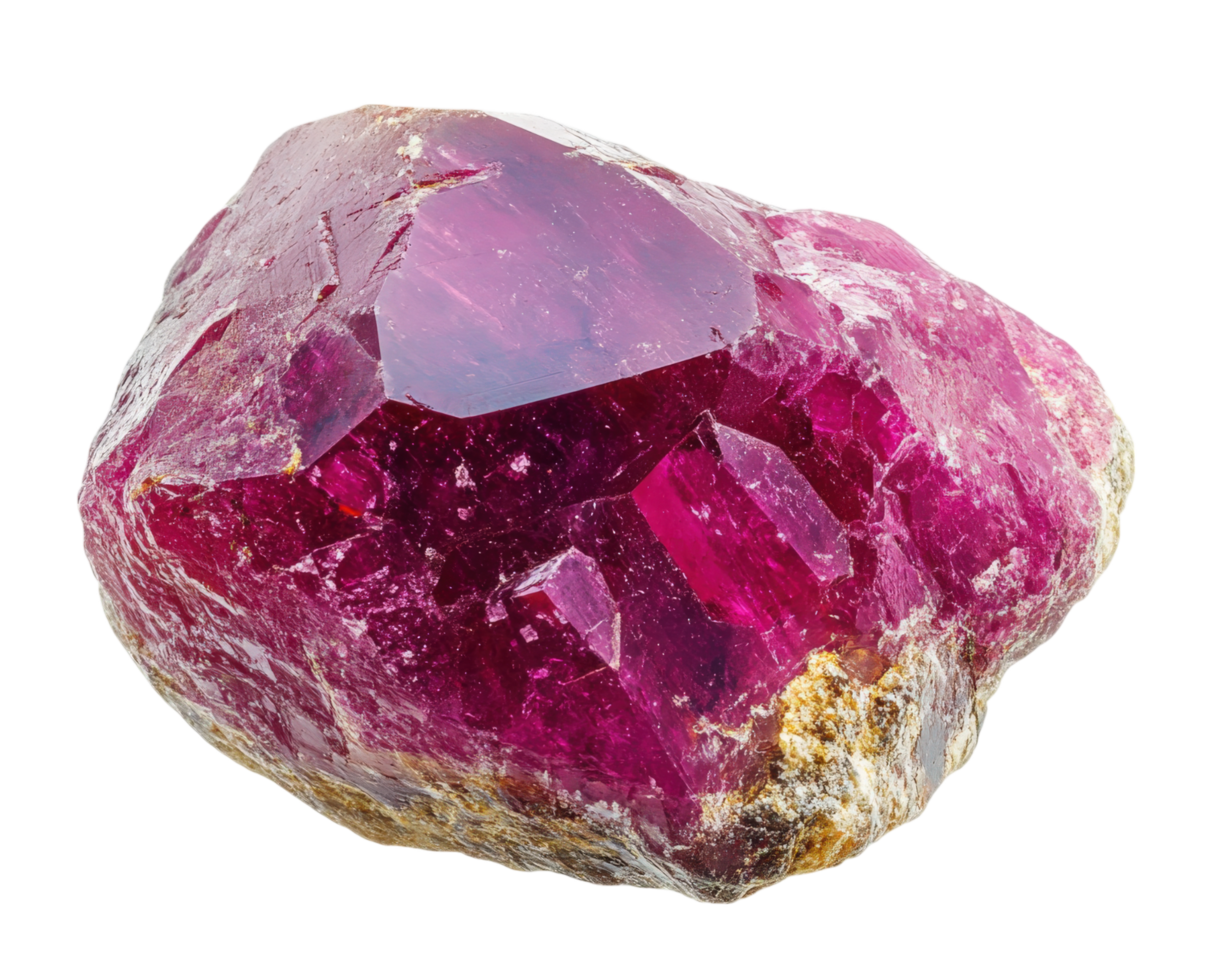 Ancient ruby gemstone with vibrant red hues, showcasing its natural beauty and unique crystal formations, isolated on transparency background png