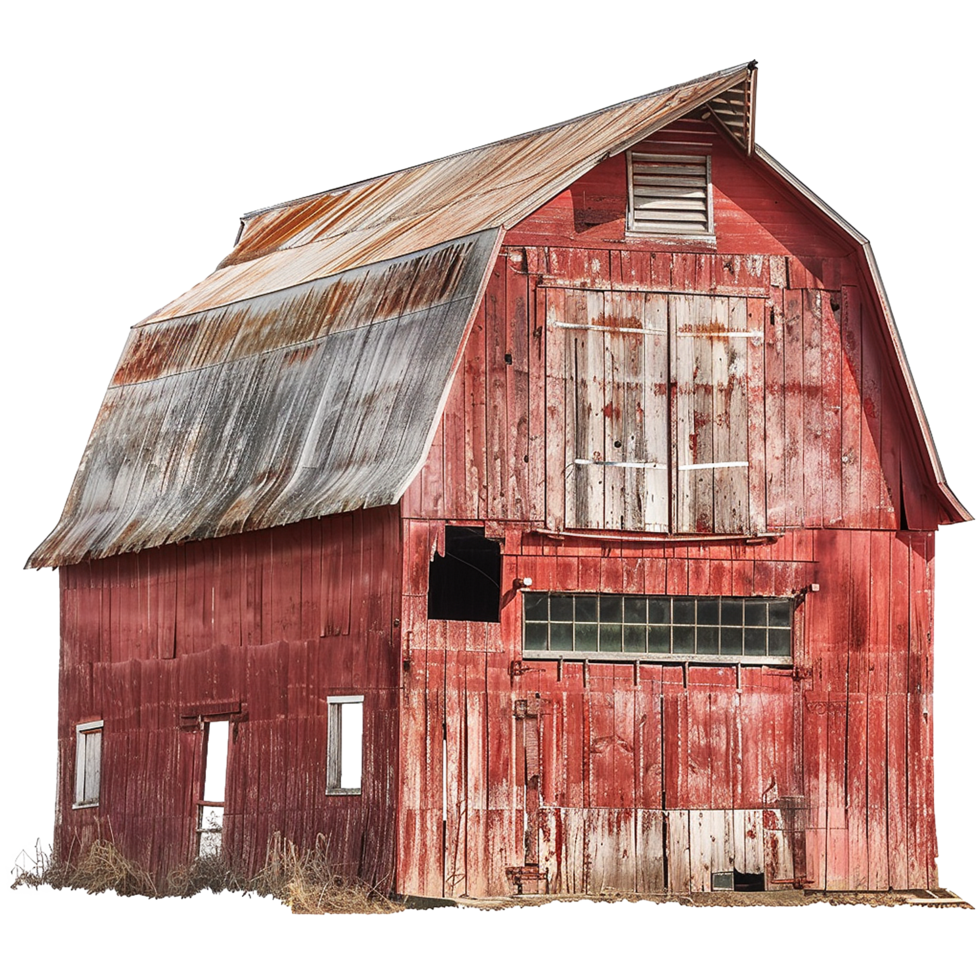 A weathered red barn with rusty metal roof in the countryside png