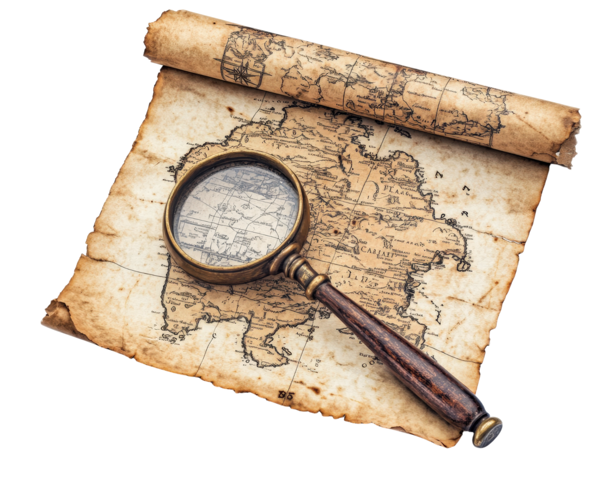 Ancient treasure map with magnifying glass, revealing hidden details. This vintage map showcases intricate designs and aged parchment, evoking sense of adventure and exploration png