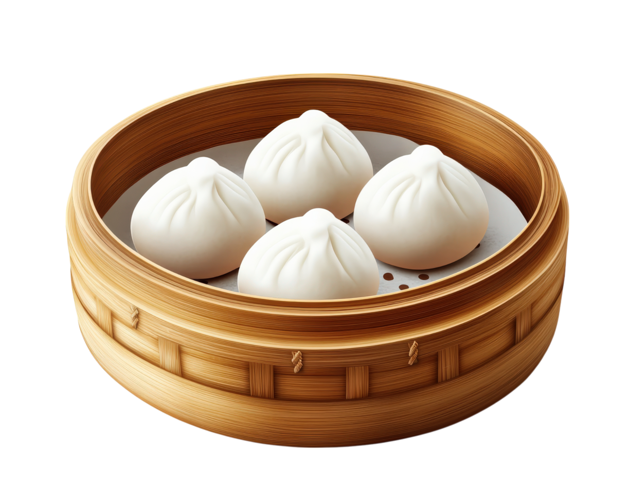 bamboo steamer filled with freshly steamed bao buns, showcasing their soft, fluffy texture and inviting aroma. wooden steamer adds traditional touch to presentation png