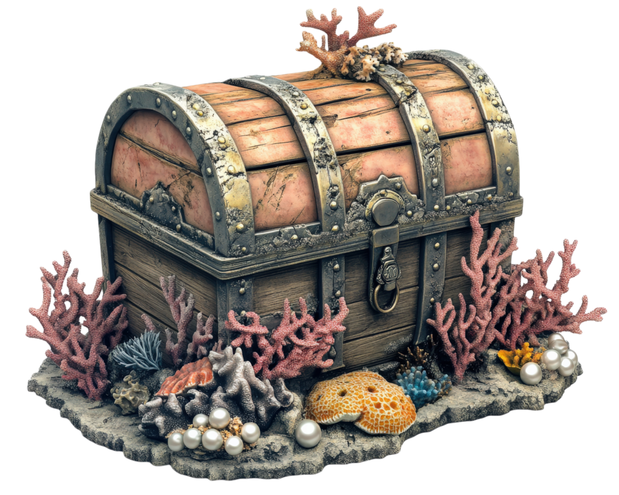 ancient treasure chest adorned with ocean pearls and vibrant coral, resting on sandy seabed. This captivating scene evokes sense of mystery and adventure png