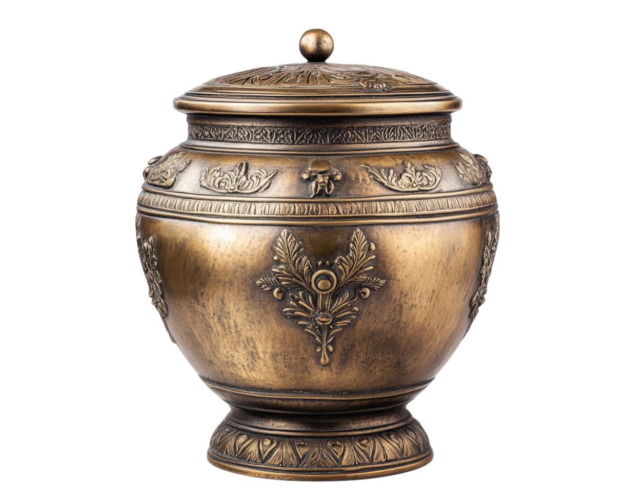 Ancient treasure urn with intricate designs, isolated on transparency background, showcasing its historical beauty and craftsmanship. Perfect for collectors and enthusiasts png