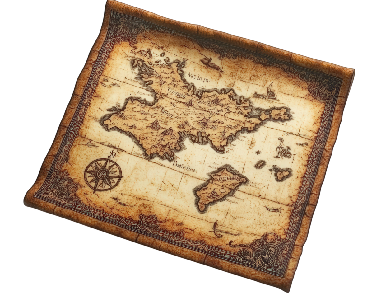 Ancient treasure map with detailed illustrations and compass design, isolated on transparency background, evoking sense of adventure and exploration png