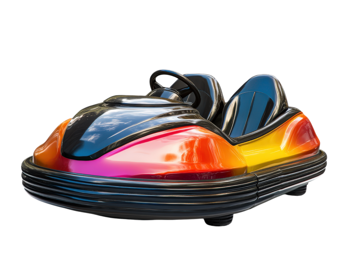 colorful bumper car with glossy finish is isolated on transparency background, showcasing its vibrant design and sleek curves. image captures playful essence of amusement park rides png