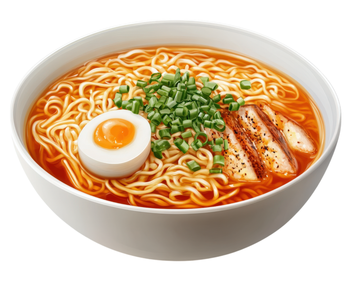 bowl of ramen with sliced chicken, boiled egg, and green onions in rich broth, isolated on transparency background. dish is appetizing and vibrant, showcasing classic Asian cuisine png