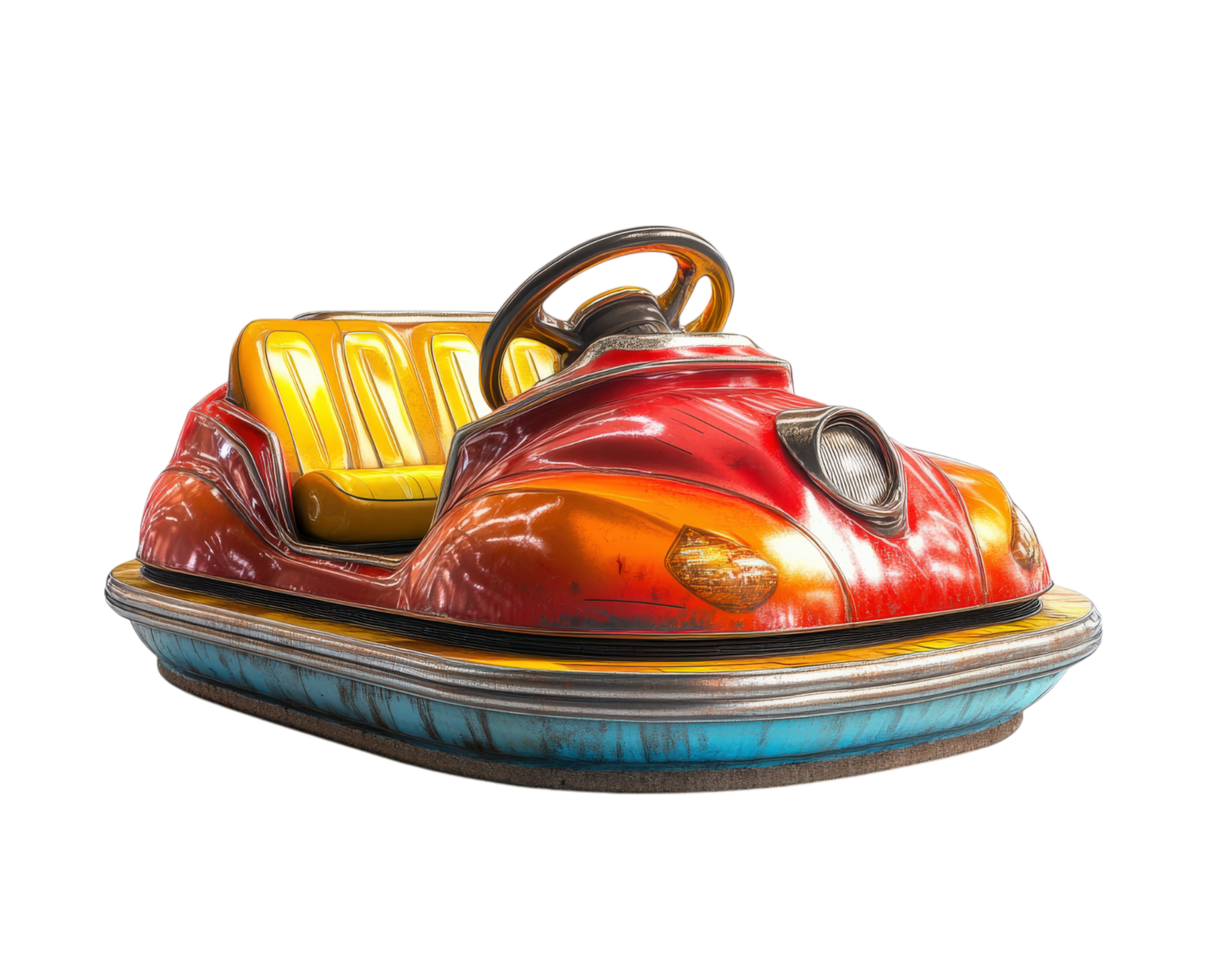 vibrant red and yellow bumper car with steering wheel, isolated on transparency background, showcasing its classic amusement park design png