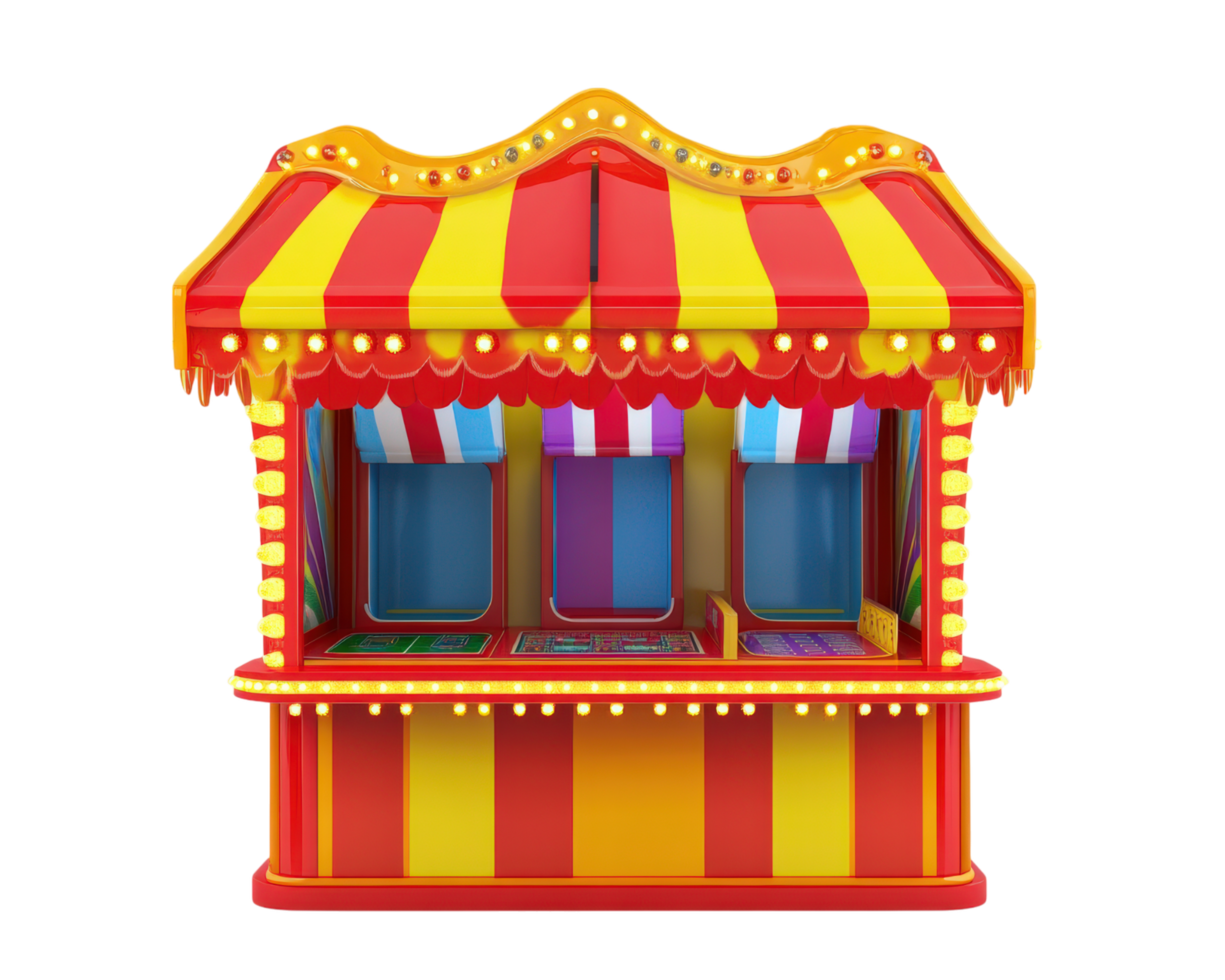 vibrant carnival game booth with colorful striped canopy and bright lights, isolated on transparency background, evokes festive atmosphere png