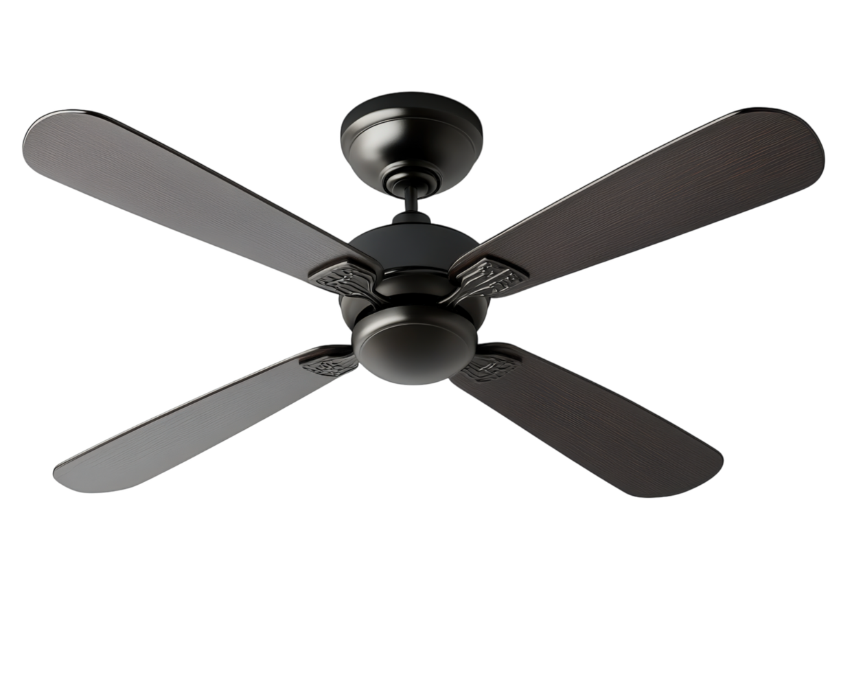 ceiling fan with four dark wooden blades and sleek black motor is isolated on transparency background, showcasing its modern design and functionality png