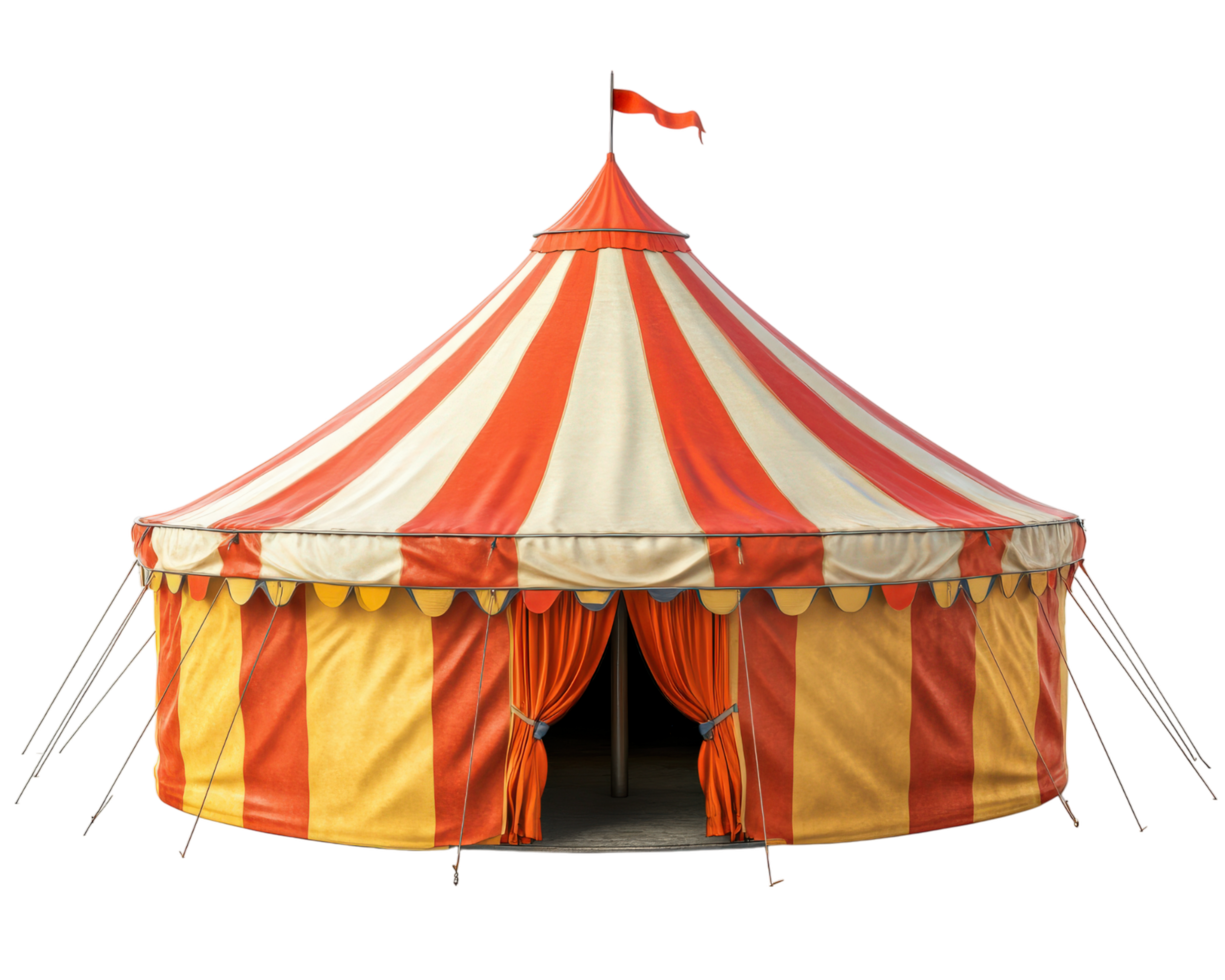 vibrant red and yellow circus tent with pointed top and open entrance, isolated on transparency background, evokes sense of excitement and adventure png
