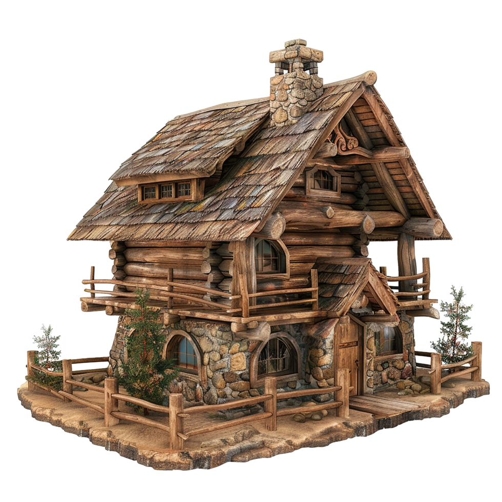 Exquisite Wooden Log Cabin with Stone Foundation and Charming Details png