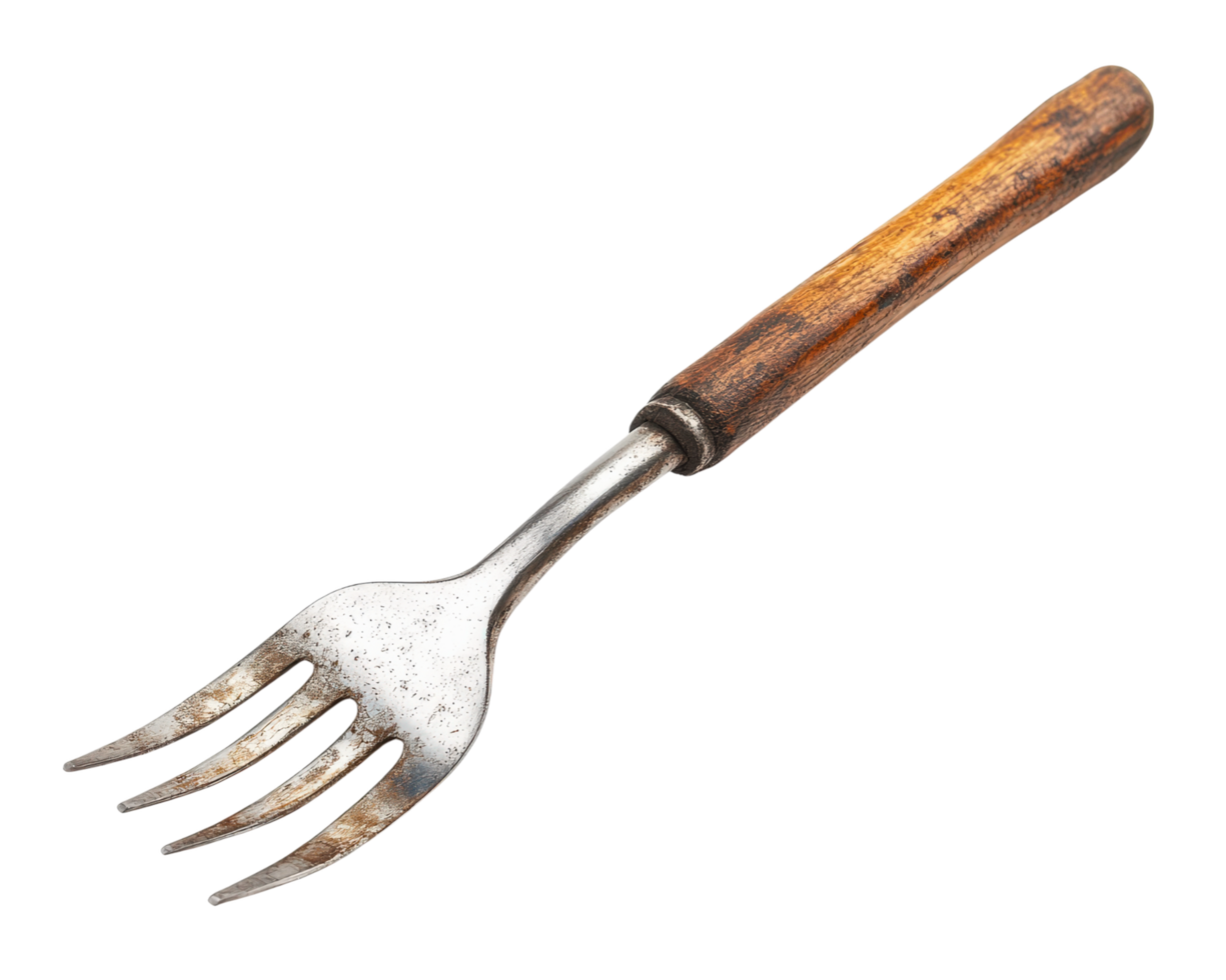 garden fork with wooden handle and metal prongs isolated on transparency background, showcasing its rustic and practical design png