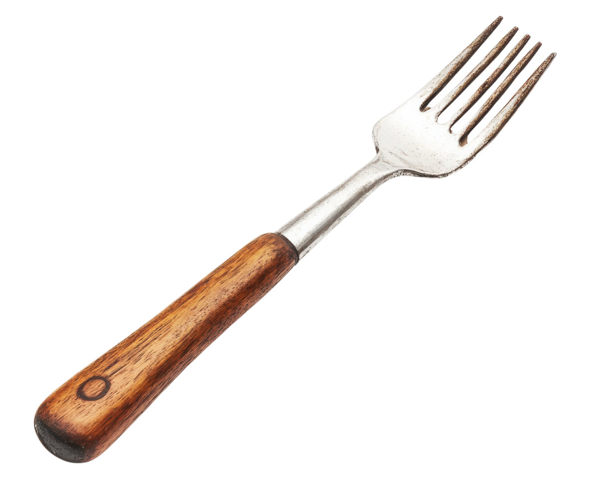 metal fork with wooden handle isolated on transparency background, showcasing its rustic design. fork features polished metal head and smooth wooden grip, ideal for dining or kitchen use png
