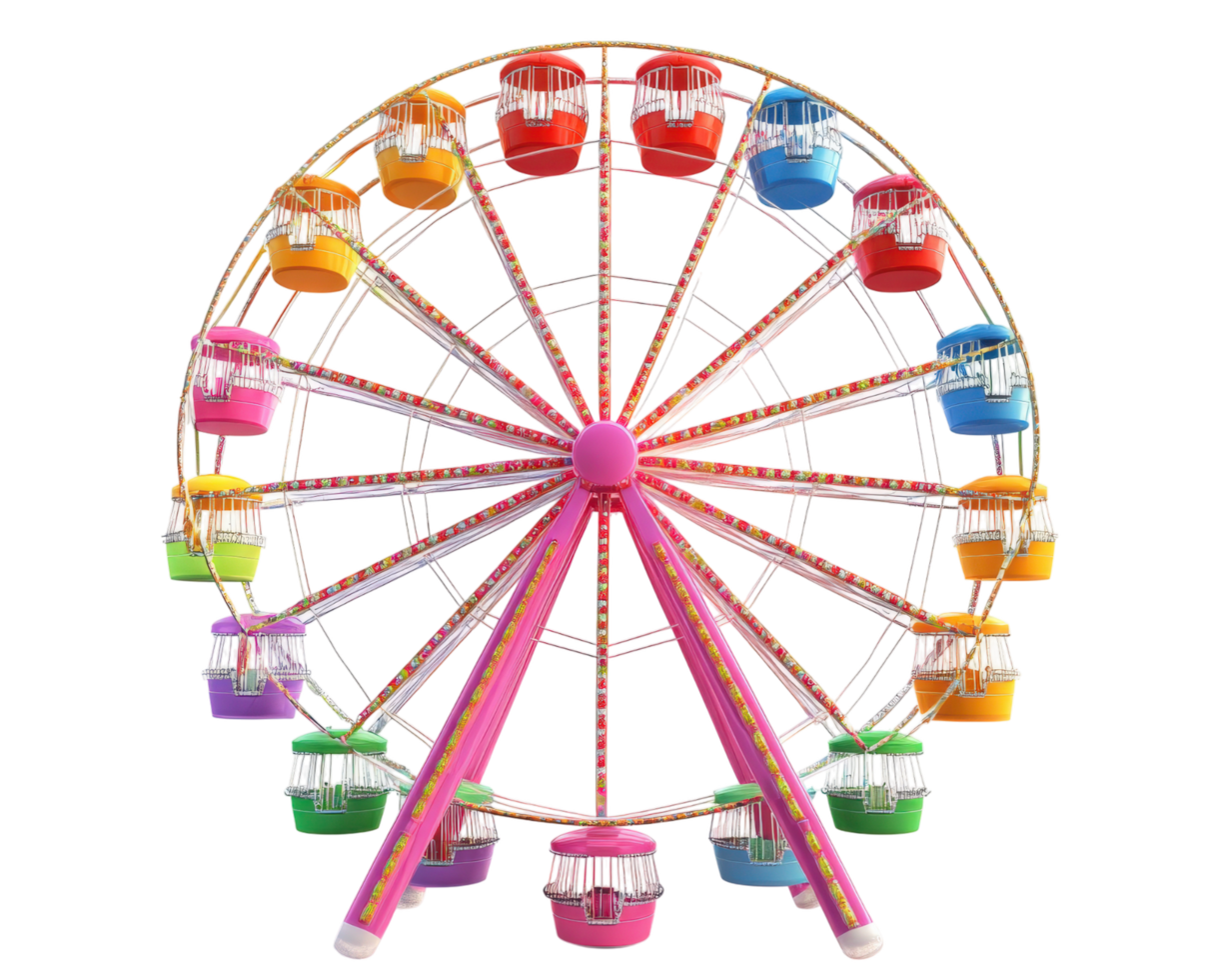 colorful Ferris wheel with vibrant, multicolored gondolas stands isolated against transparency background, showcasing its intricate design and playful appearance png