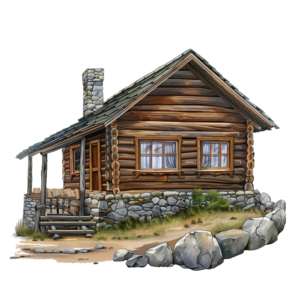 rustic log cabin nestled amongst rocks and greenery png