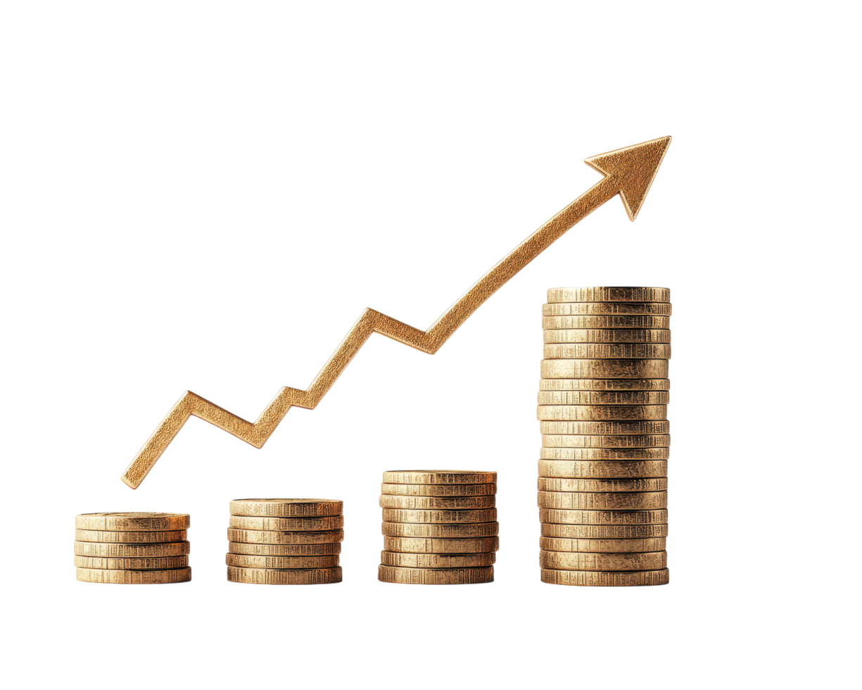 stack of golden coins increasing in height with rising arrow symbolizing financial growth and success. image conveys sense of economic prosperity and investment potential png