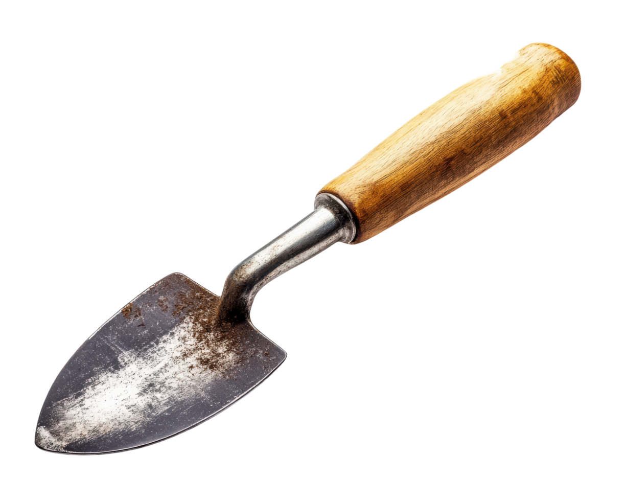 garden trowel with wooden handle and metal blade isolated on transparency background, showing signs of use png