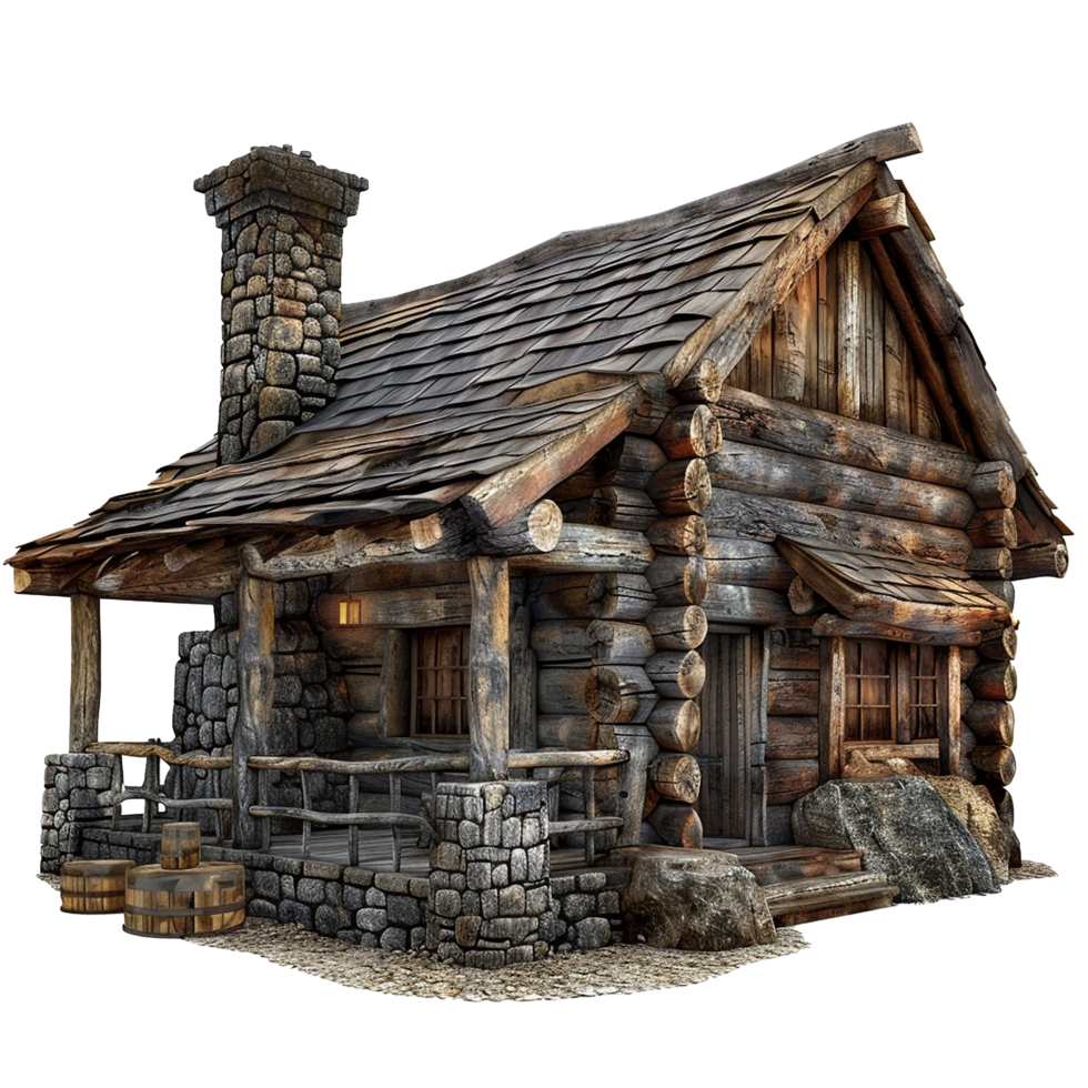 Rustic Wooden Log Cabin with Stone Chimney Porch png