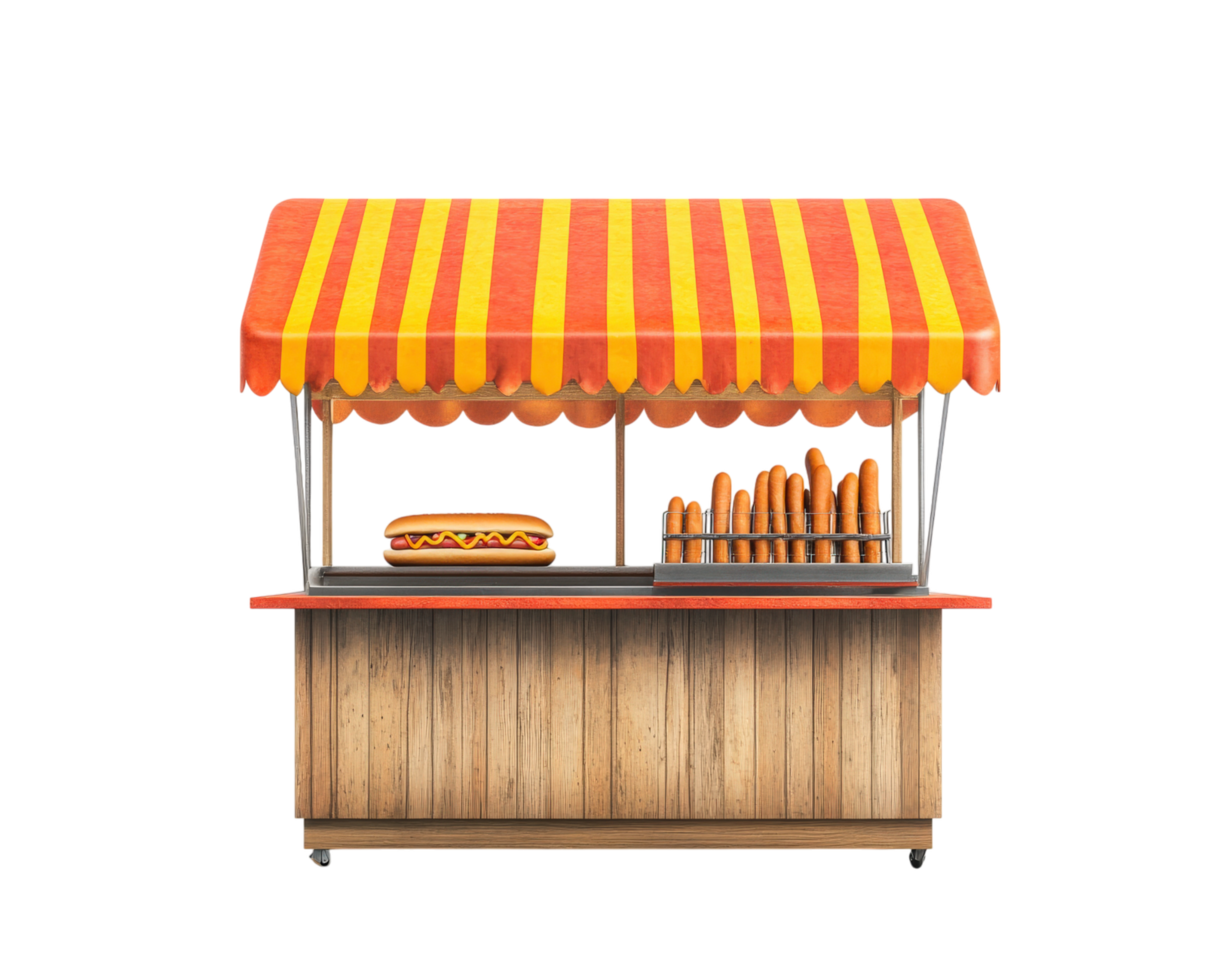 hot dog stand with striped red and yellow canopy, featuring large hot dog and multiple sausages, isolated on transparency background png
