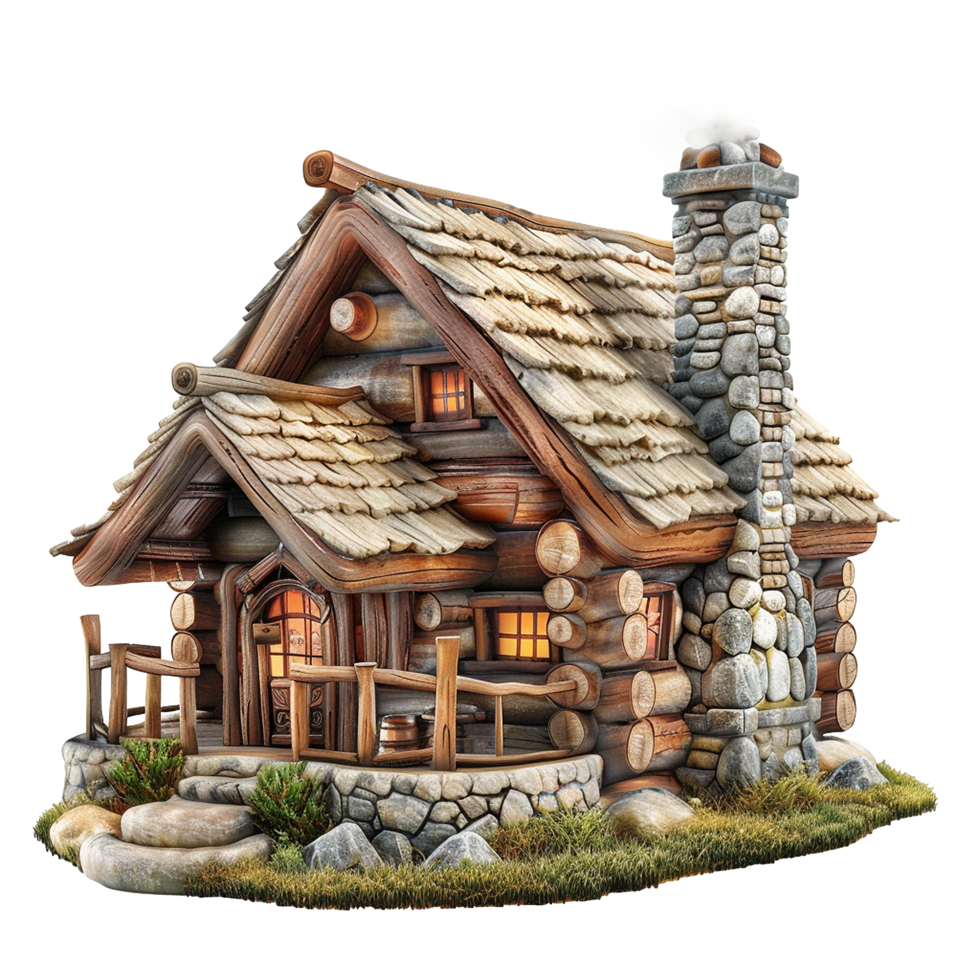 Enchanted Fairytale Log Cabin in the Woods with Stone Chimney and Wooden Railings png