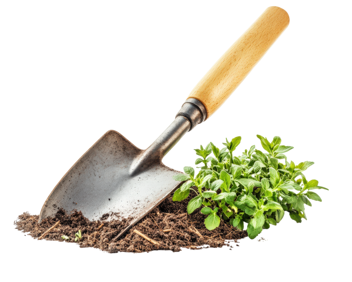 garden spade with wooden handle is placed in soil next to fresh green plants, isolated on transparency background png