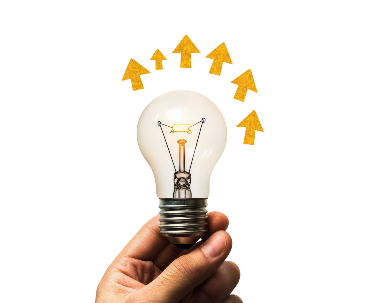 Hand holding light bulb with arrows coming out of it png