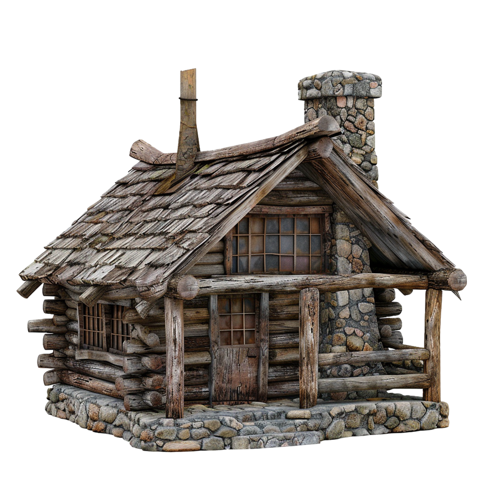 A Rustic Wooden Log Cabin with Stone Chimney and Porch png