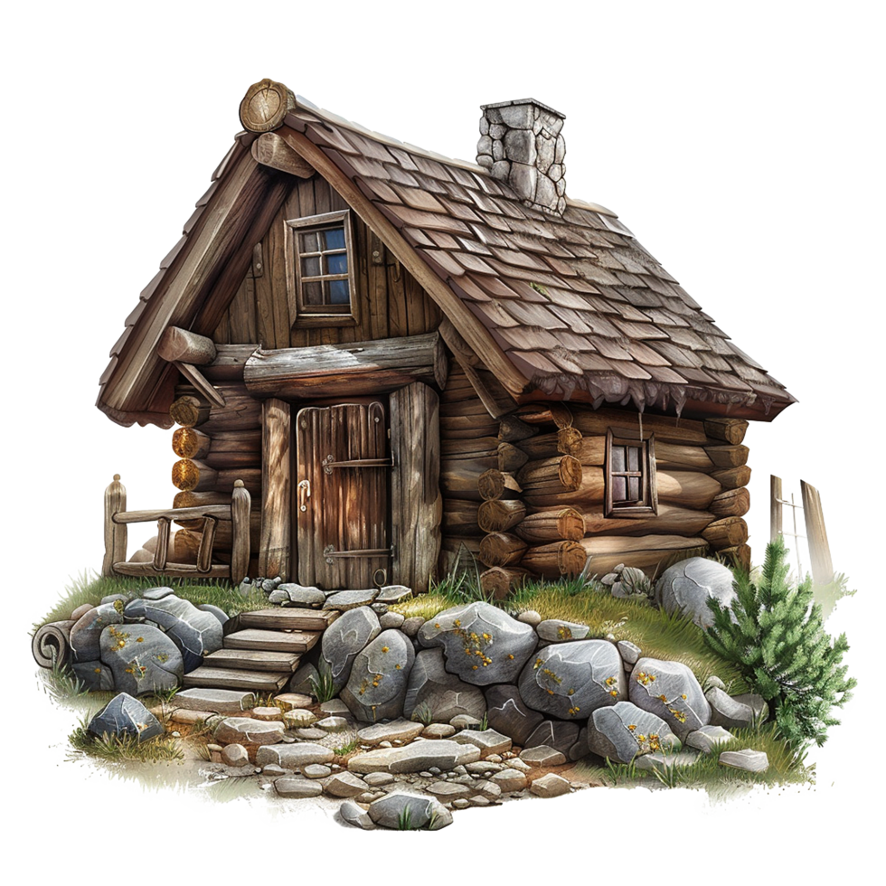 A rustic log cabin nestled amongst rocks and greenery png