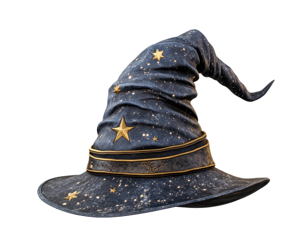 moonlit mage hat with starry patterns and gold accents, isolated on white png
