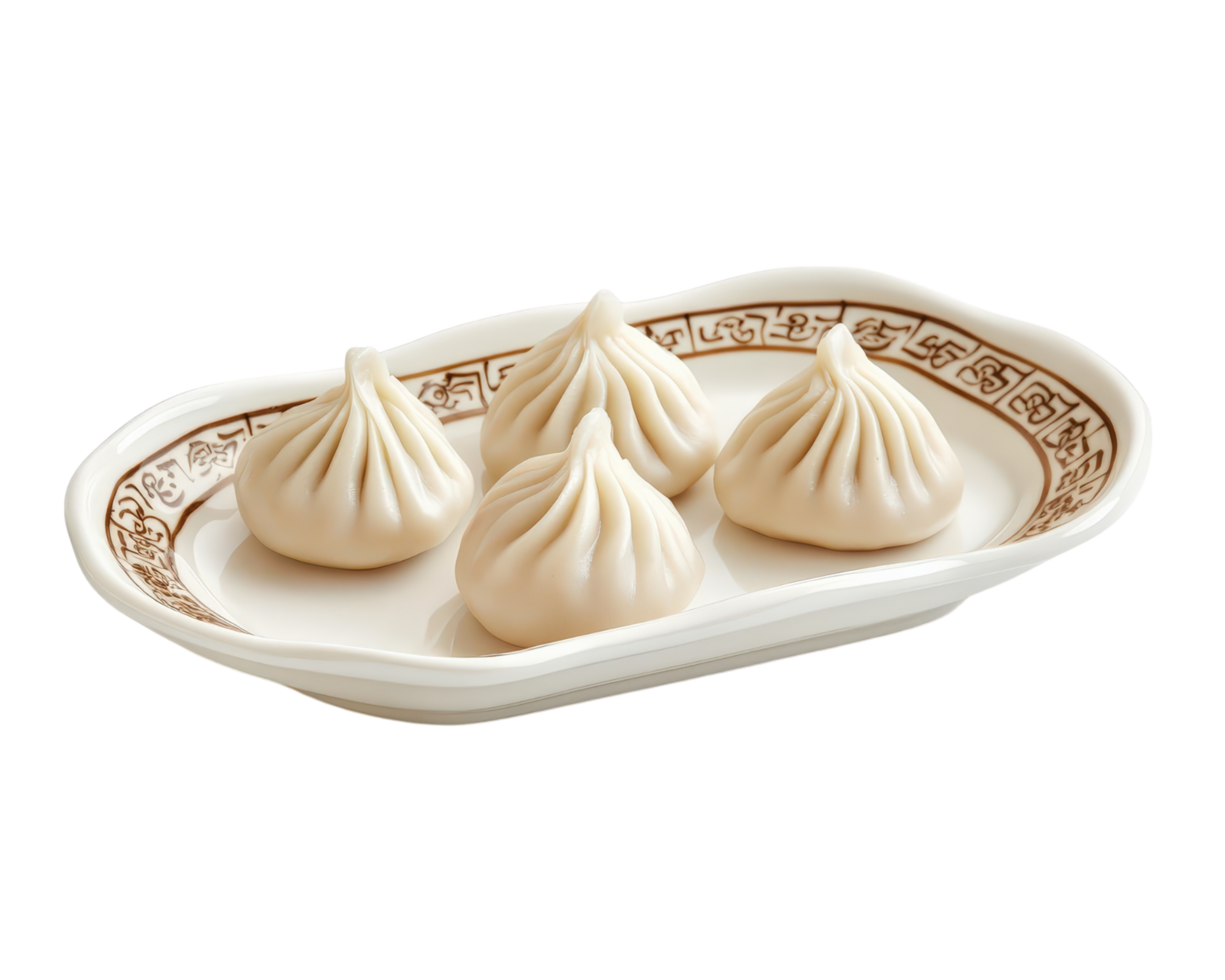Four steamed dumplings on ornate ceramic plate, showcasing intricate folds and soft texture, isolated on transparency background png