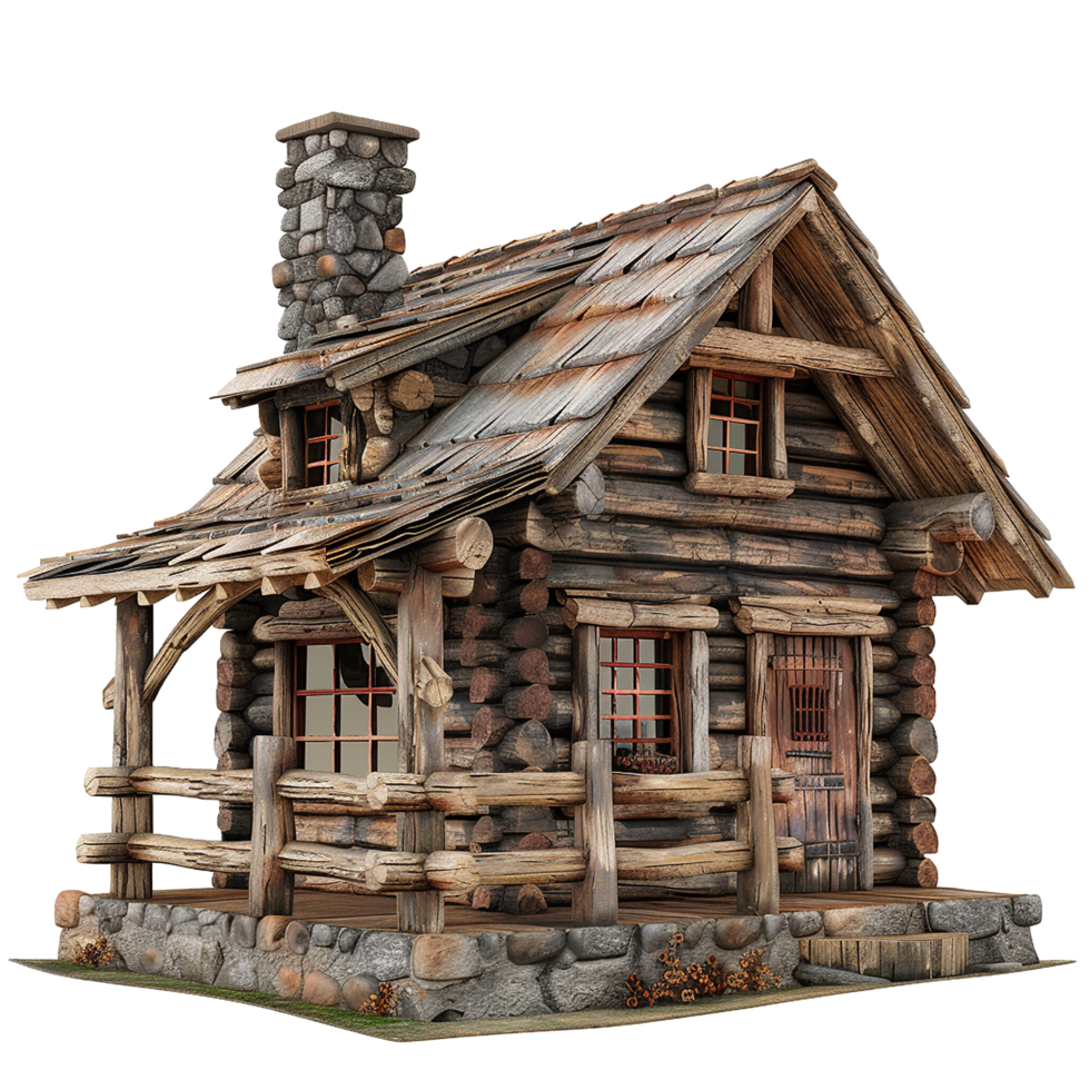 Rustic Log Cabin with Stone Chimney and Porch in the Woods png