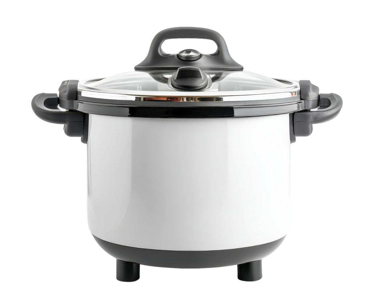 A white and black pressure cooker on a black background png