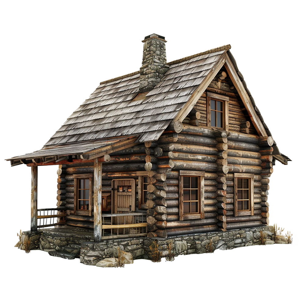 Rustic Wooden Log Cabin with Stone Foundation and Porch png