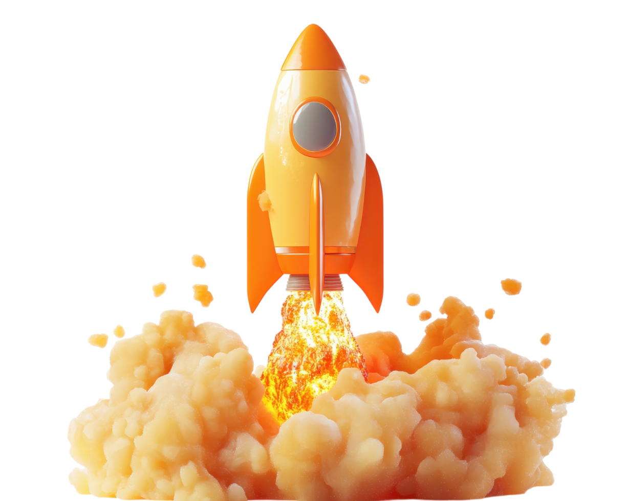vibrant orange rocket ship launching amidst billowing clouds of smoke, symbolizing business growth and innovation. dynamic scene captures essence of progress and ambition png