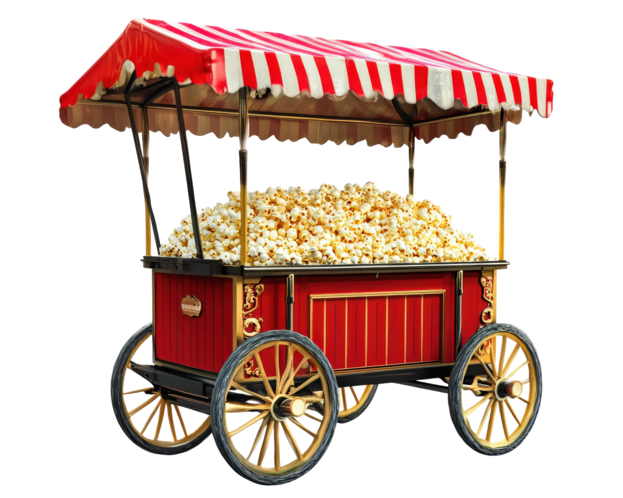 A red and white popcorn cart with a canopy png