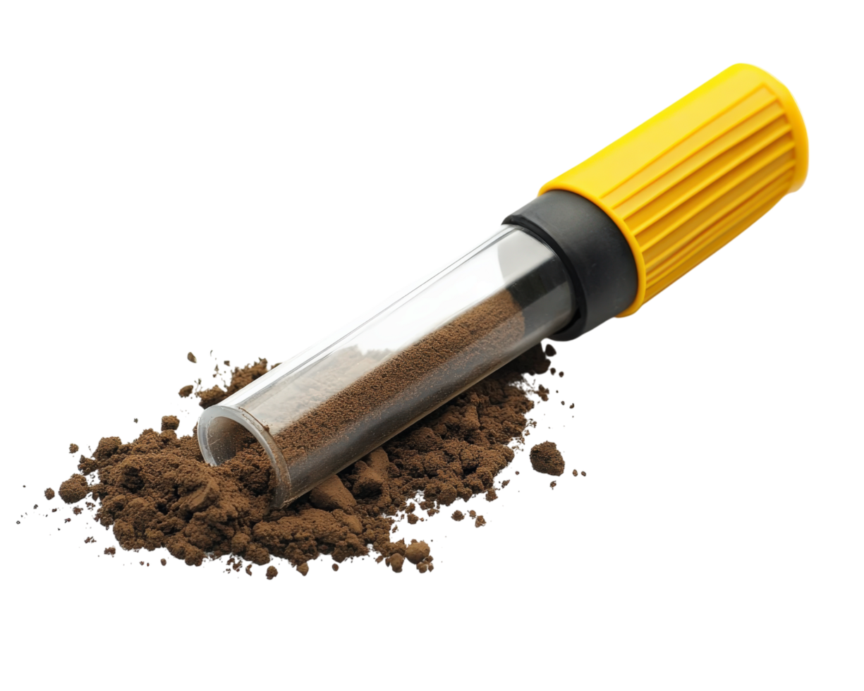 soil pH tester with yellow handle is isolated on transparency background, featuring transparent tube filled with soil. This tool is essential for gardening and agriculture to measure soil acidity png