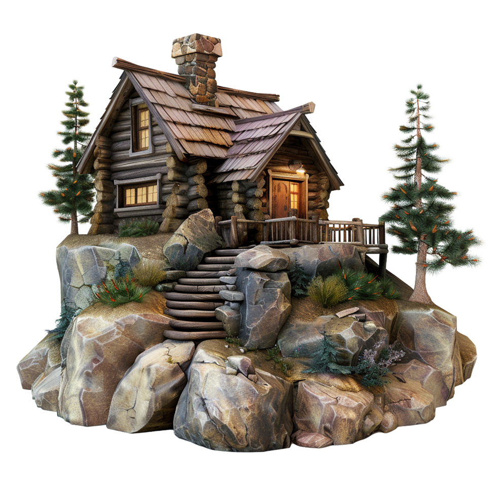 Secluded Mountaintop Log Cabin with Stone Steps and Evergreen Trees png